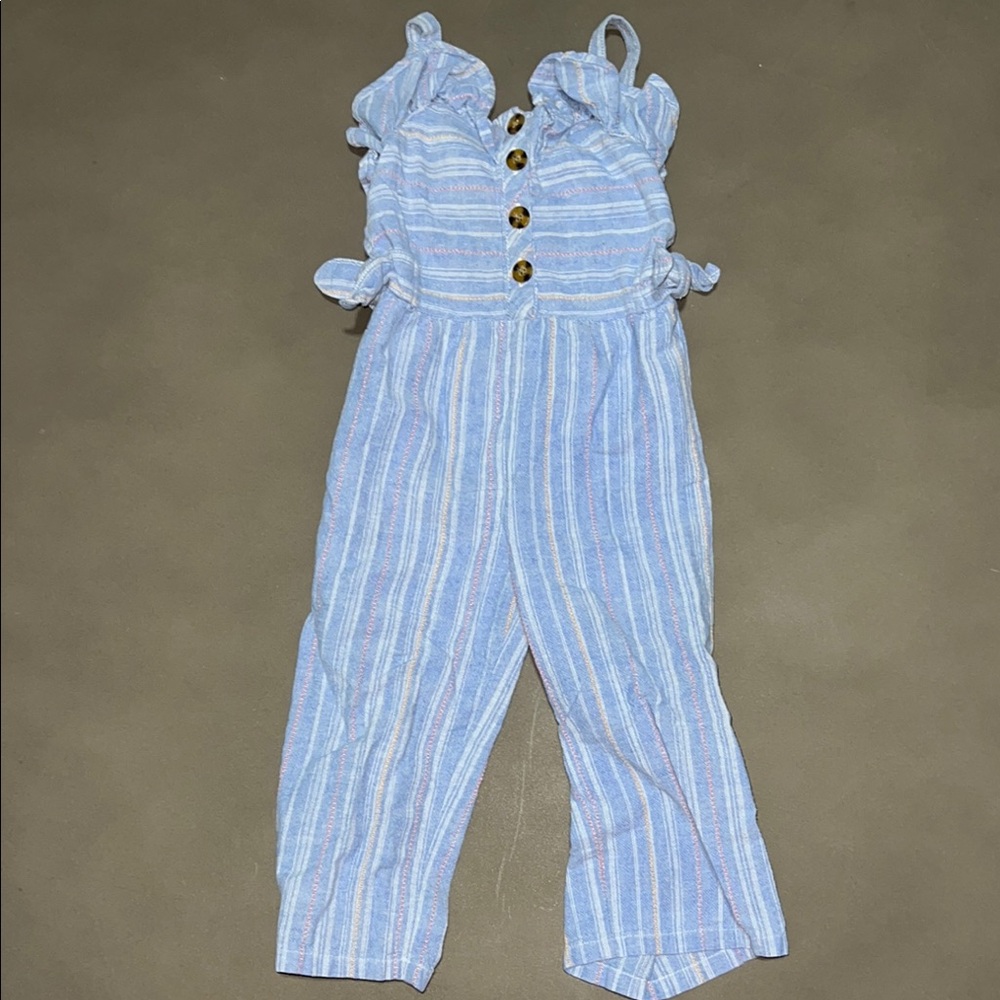 Habitual Blue Striped Kids Romper with Buttons and Bows and Spaghetti Straps
